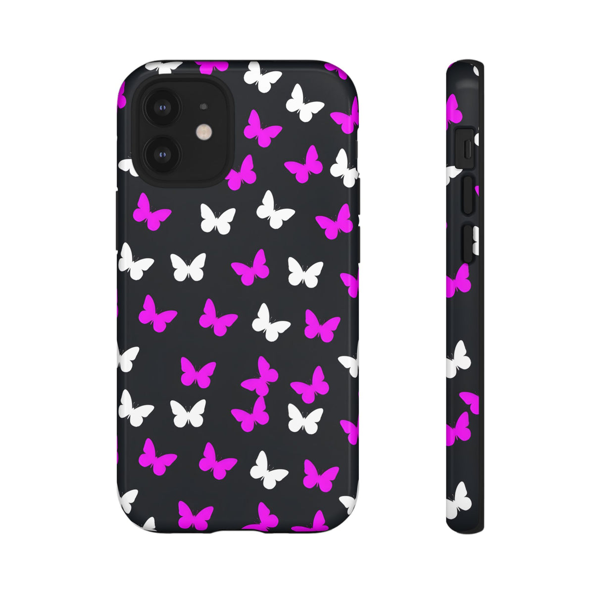 Butterfly Pattern Phone Case — Pink & White Butterflies on Black Tough Case