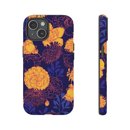 Floral Tough Phone Case — Bold Yellow Marigold Pattern on Deep Navy