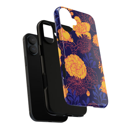 Floral Tough Phone Case — Bold Yellow Marigold Pattern on Deep Navy