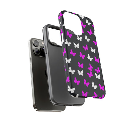 Butterfly Pattern Phone Case — Pink & White Butterflies on Black Tough Case