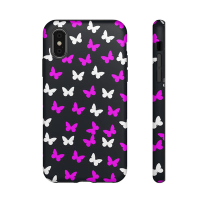 Butterfly Pattern Phone Case — Pink & White Butterflies on Black Tough Case