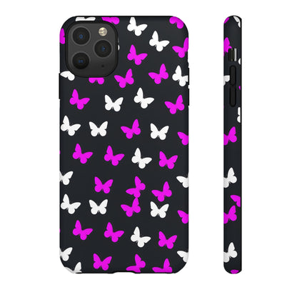 Butterfly Pattern Phone Case — Pink & White Butterflies on Black Tough Case