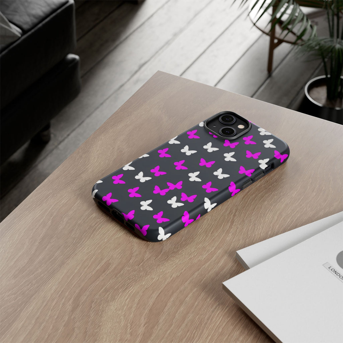 Butterfly Pattern Phone Case — Pink & White Butterflies on Black Tough Case