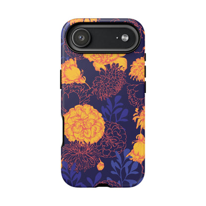 Floral Tough Phone Case — Bold Yellow Marigold Pattern on Deep Navy