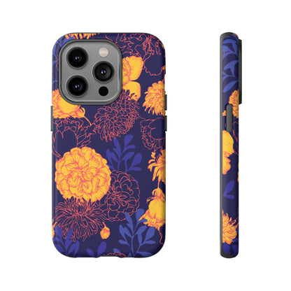 Floral Tough Phone Case — Bold Yellow Marigold Pattern on Deep Navy