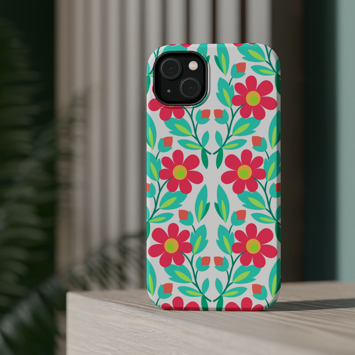 Floral Magnetic Impact-Resistant Phone Case — Pink & Teal Flower Pattern