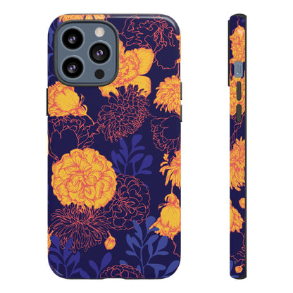 Floral Tough Phone Case — Bold Yellow Marigold Pattern on Deep Navy