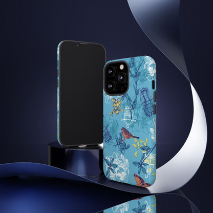 Floral Bird Tough Phone Case — Blue Birdcage Pattern