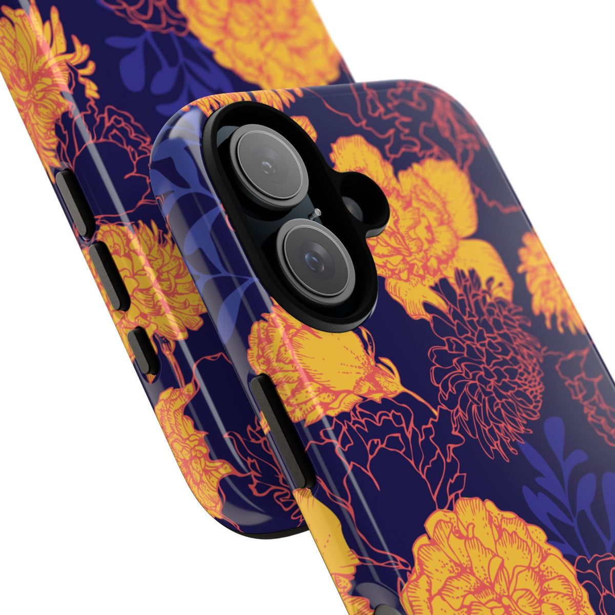 Floral Tough Phone Case — Bold Yellow Marigold Pattern on Deep Navy
