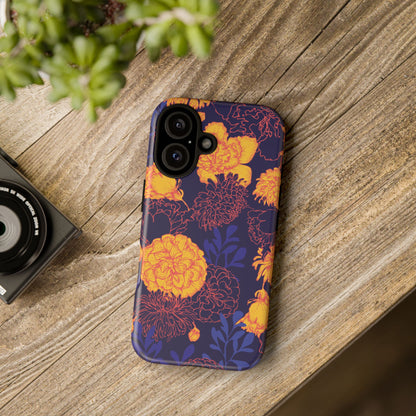Floral Tough Phone Case — Bold Yellow Marigold Pattern on Deep Navy